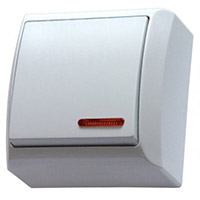 Biały łącznik jednoklawiszowy natynkowy Ospel Bis z czerwoną kontrolką